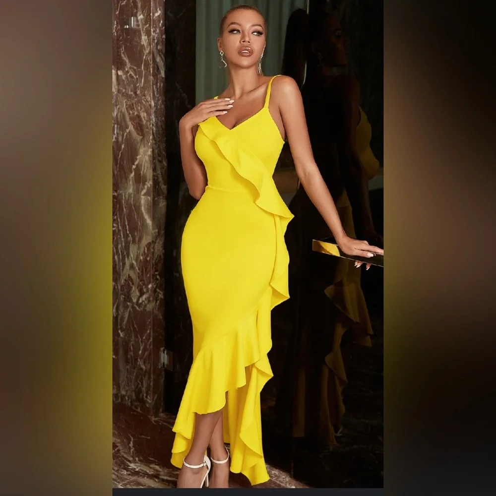 Yellow Ruffle Dress maxi dress L cruise fashion wedding party tropical resort - Picture 3 of 5
